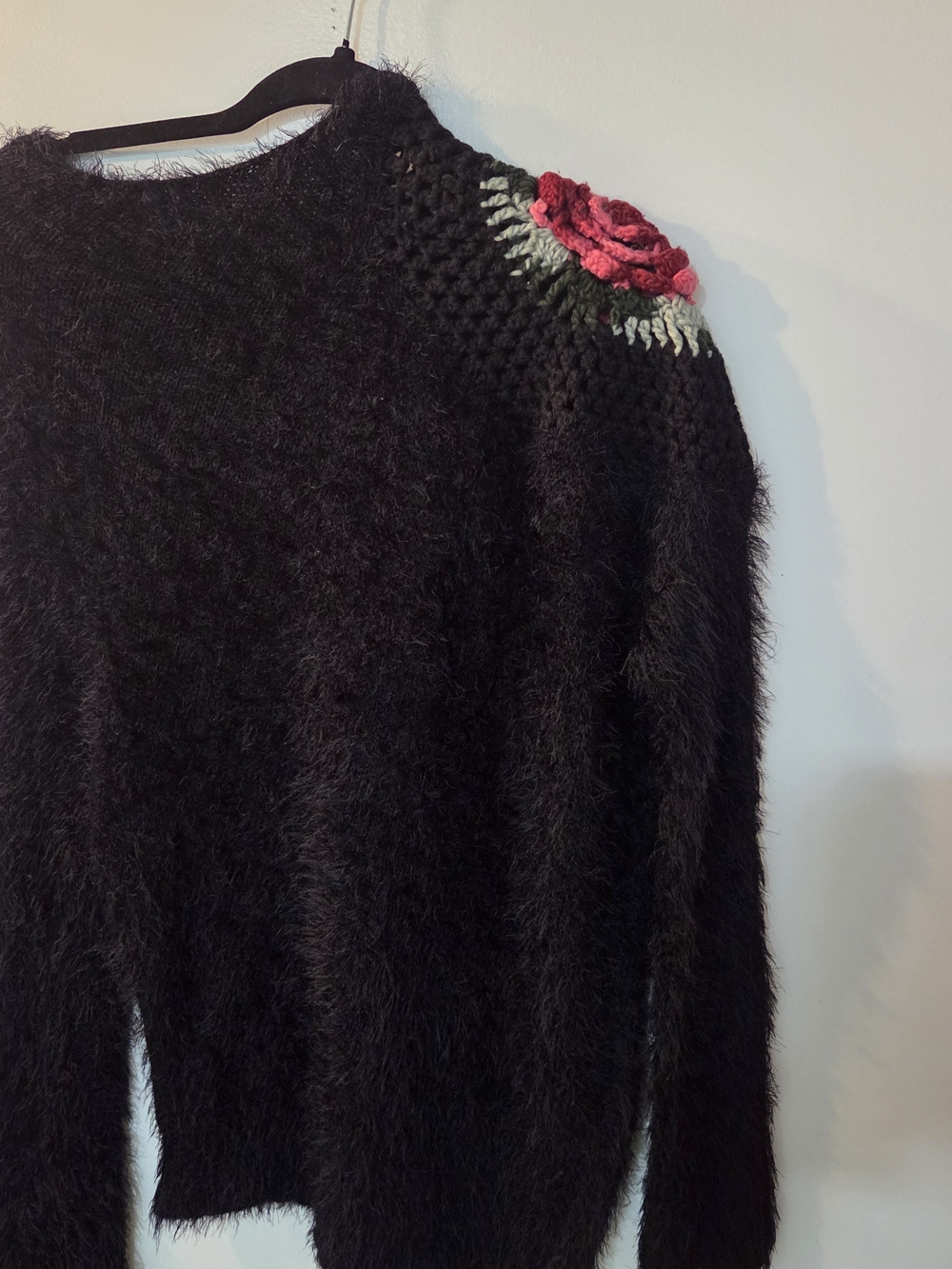 Cozy Black Fluffy Knit Sweater with Crochet Rose Accent (Sz 12-14)